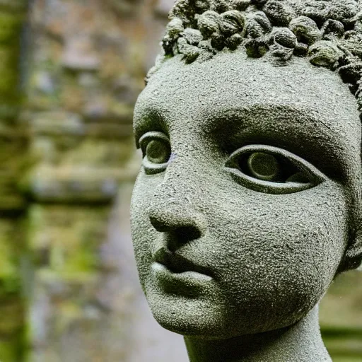 Prompt: a sculpture of a beautiful woman's head as an intricate, delicate tracery of stone, forming a beautiful ancient monument, slowly being covered by moss and lichen