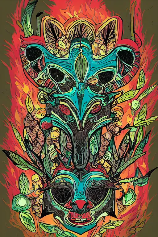 Image similar to animal mask totem roots flower tribal feather gemstone plant wood rock shaman vodoo video game vector cutout illustration vivid multicolor borderlands comics by josan gonzales and dan mumford radiating a glowing aura