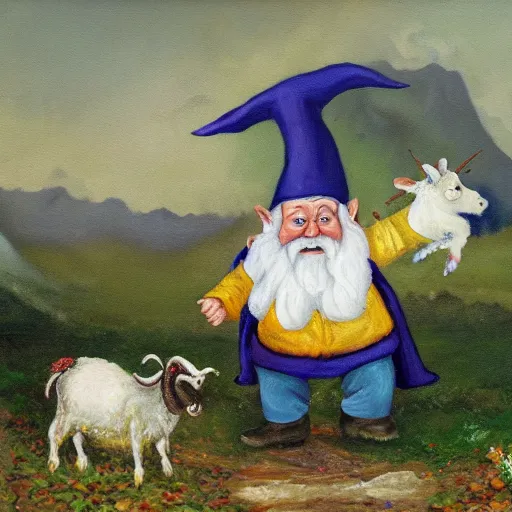 Prompt: a gnome having delight with goat manure, a detailed oil painting