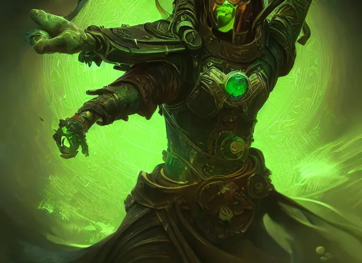 Prompt: hand with magical swirling green entergy, tarot card, blizzard entertainment, ilm, intricate, highly detailed, centered, digital painting, artstation, concept art, smooth, sharp focus, illustration