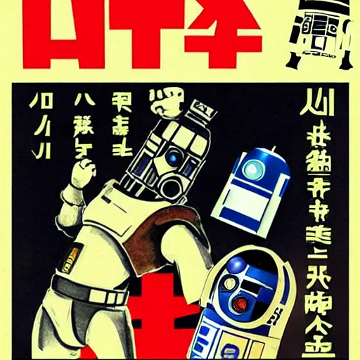 Image similar to poster for antonio inoki vs. r 2 d 2, japan, 1 9 7 0, detailed