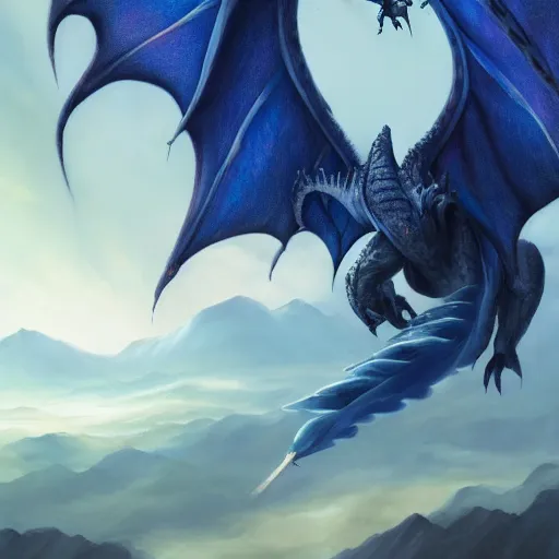 Prompt: huge blue dragon in flight by plutus su and chris scalf and lucas graciano and billy christian and alex konstad and mark zug, mountains, blue and white color palette, painting, d & d, fantasy, detailed, realistic, complimentary colors, light, artstation, cinematic, dramatic lighting, close up