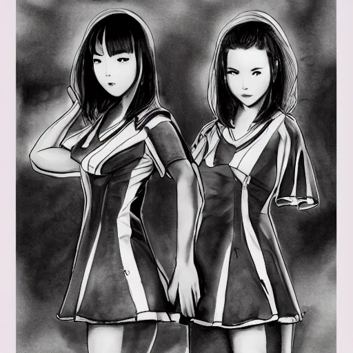 Image similar to a perfect, realistic professional digital sketch of two Japanese schoolgirls posing, in style of Marvel and DC, full length, by pen and watercolor, by a professional American senior artist on ArtStation, a high-quality hollywood-style sketch, on high-quality paper