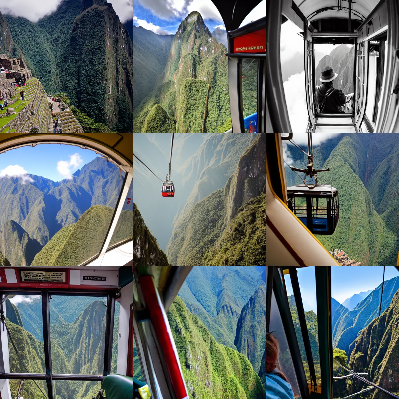 Prompt: Interior of a cable car over Machu Picchu, looking out of the window