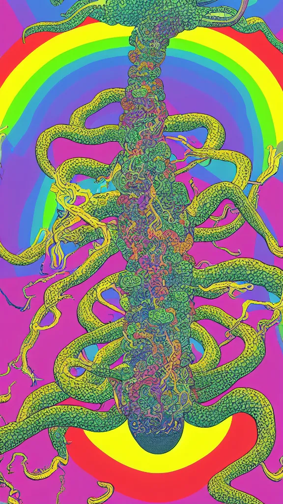 Image similar to a portrait of a lernaean hydra with human heads and psychedelic arms on an acid trip in a multicoloured rainbow in the cosmos, flat design, screen print by Kawase Hasui and dan hillier, 8k unreal engine