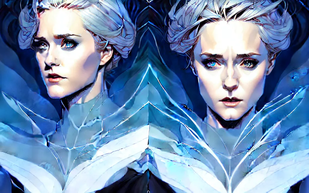 Image similar to artgerm, joshua middleton comic cover art, full body pretty evan rachel wood ice queen, symmetrical eyes, symmetrical face, long curly blue hair, icy forest, chiral lighting