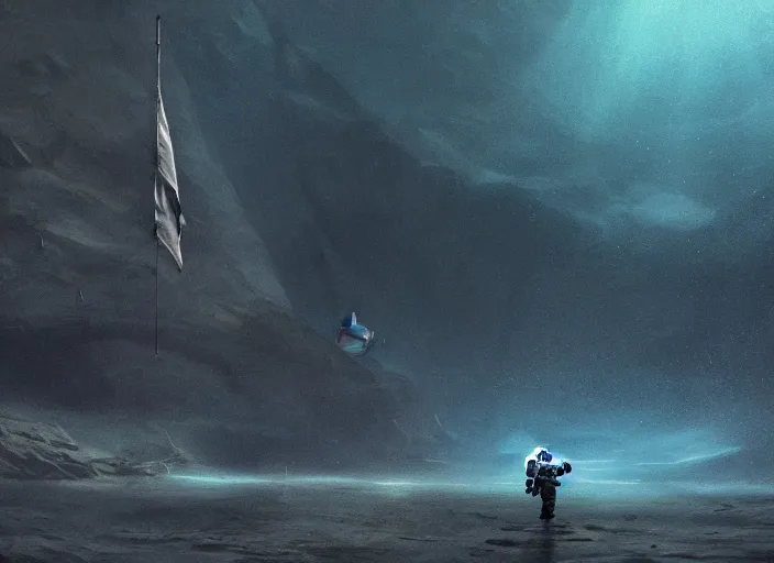 Image similar to astronaut holding a flag in an underwater desert. a submarine is visible in the distance. dark, concept art, cinematic, dramatic, atmospheric, 8 k, trending on artstation, blue, fish, low visibility, fog, ocean floor, christopher nolan, interstellar