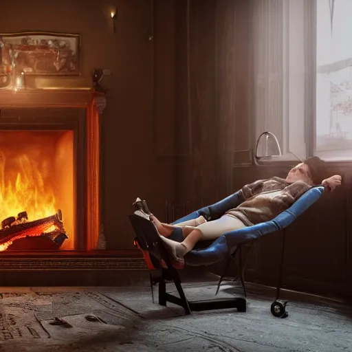 Prompt: Lonely and depressed robot reclining on a fainting couch in front of a cozy fire in a large fireplace in a Victorian home in the future, octane render, extremely detailed, cinematic lighting, 8k, lens flare, cinematic movie photograph, closeup portrait, trending on artstation, cgsociety, award-winning art, by Simon Stalenhag