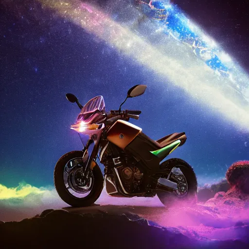 Prompt: high detail photo of a deserted yamaha motorcycle floating in space inside magic colorful glowing sparkling fog, starry sky, tranquil, desolate, atmospheric, hazy, autochrome, 8k, reflections, octane render, unreal engine 5