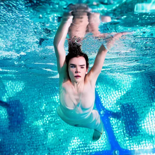 Image similar to daisy ridley swimming in a pool, photography, 3 5 mm lens, beautiful,