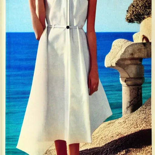 Prompt: 1 9 8 5 italia vogue magazine photo of a dress with cotton set, christian dior style, mediterranean beach background