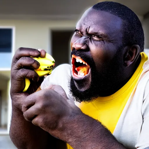 Image similar to big angry black maneating bananas in the hood, 8k resolution, full HD, cinematic lighting, award winning, anatomically correct