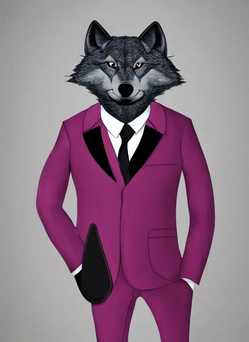 Image similar to An anthropomorphic pink wolf wearing a black suit