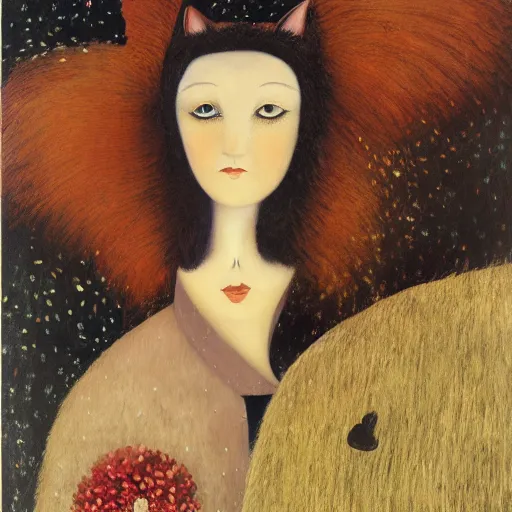 Image similar to by Remedios Varos, Ernest Hemingway in a cat girl outfit, oil painting, MET collection, high resolution.