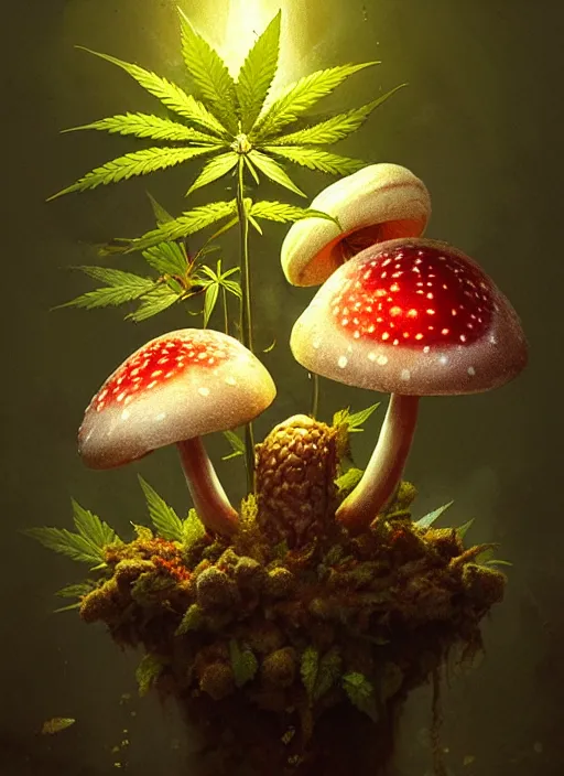 Image similar to a cannabis plant with amanita mushroom fruits, rim light, midsommar style, extremely detailed, masterpiece, artstation, cinematic lighting, photographic, by greg rutkowski and wolp