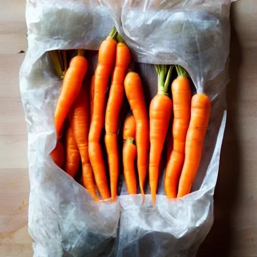 Prompt: photo carrots in a plastic bag with a paper towel inside,