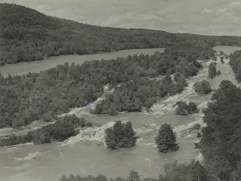 Image similar to photograph of a field by a dam and a river, new england