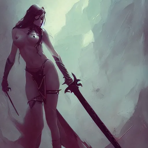 Prompt: succubus with sword, art by Greg Rutkowski, trending on artstation,