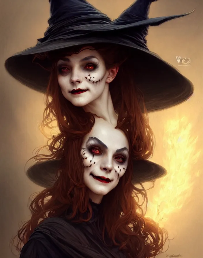 Image similar to halloween witch woman in a hat smiles, fantasy magic, undercut hairstyle, dark light night, intricate, elegant, sharp focus, illustration, highly detailed, digital painting, concept art, matte, art by wlop and artgerm and greg rutkowski and alphonse mucha, masterpiece