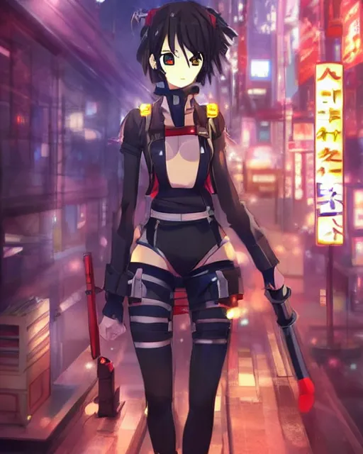 Image similar to full body image of anime girl in mechanic armor in night tokyo by makoto sinkai, perfect faces, fine details