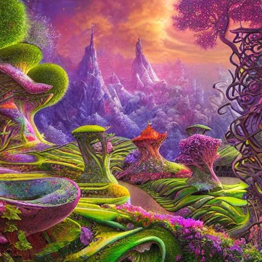 Image similar to cosmic garden ridge nature photography intricate details fantasy art nouveau weird by artgerm, frank gehry, evgeny lushpin, m. c. escher, rhads, john howe, lisa frank, greg rutkowski