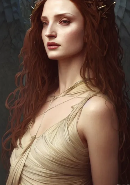 Image similar to sansa old mummy angeline jolie gessica chastain, intricate, elegant, highly detailed, digital painting, artstation, concept art, smooth, sharp focus, illustration, art by artgerm and greg rutkowski and alphonse mucha and william - adolphe bouguereau