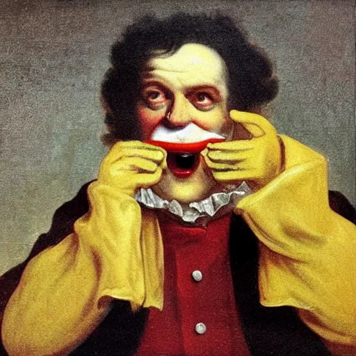 Image similar to ronald mcdonald eating a hamburger, painting by fransisco goya