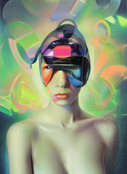 Prompt: futuristic lasers, data visualization, cyberpunk visor rain, wet, oiled, sweat, girl pinup, by steven meisel, james jean and rolf armstrong, geometric cubist acrylic and hyperrealism photorealistic airbrush painting with retro and neon colors