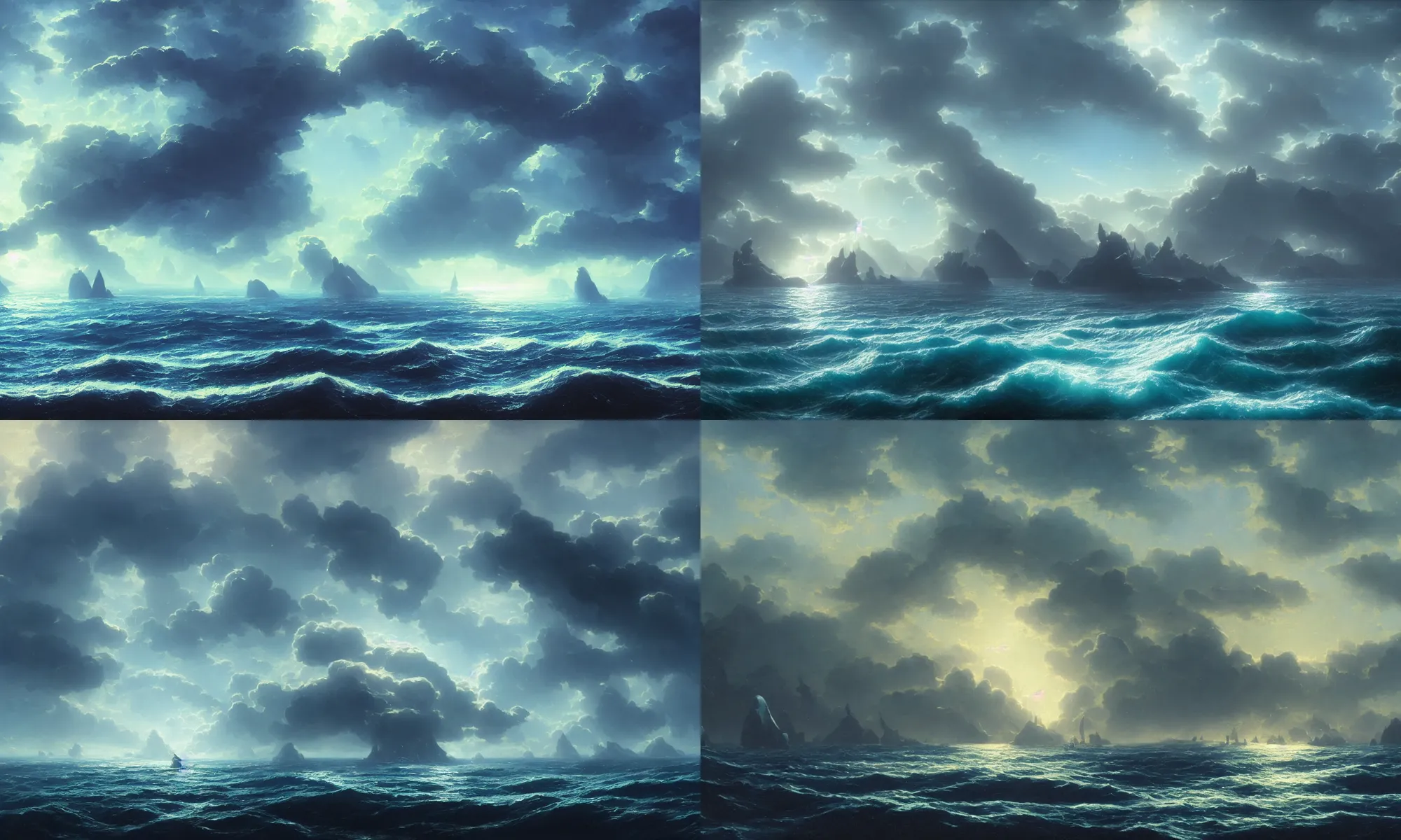 Prompt: A beautiful view of a blue ocean on an alien world, cinematic view, water world, blue sky, azure waves of water, science fiction, daylight, by John Harris, Federico Pelat, Ivan Aivazovsky, Matte Painting, 4k,