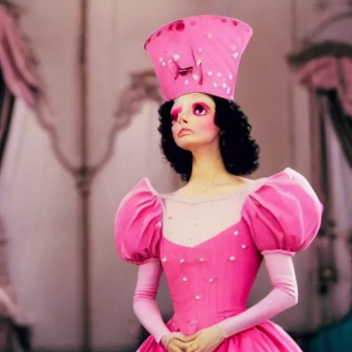 Prompt: an infallible princess wearing a pink dress and pointy hat, high resolution film still, live-action film by Tim Burton and Simon Langton