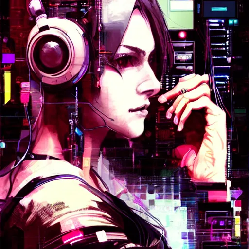 Prompt: a beautiful side portrait of a female cyberpunk hacker, wires, cables, computers, machines. art by yoji shinkawa and sandra chevrier, trending on artstation,