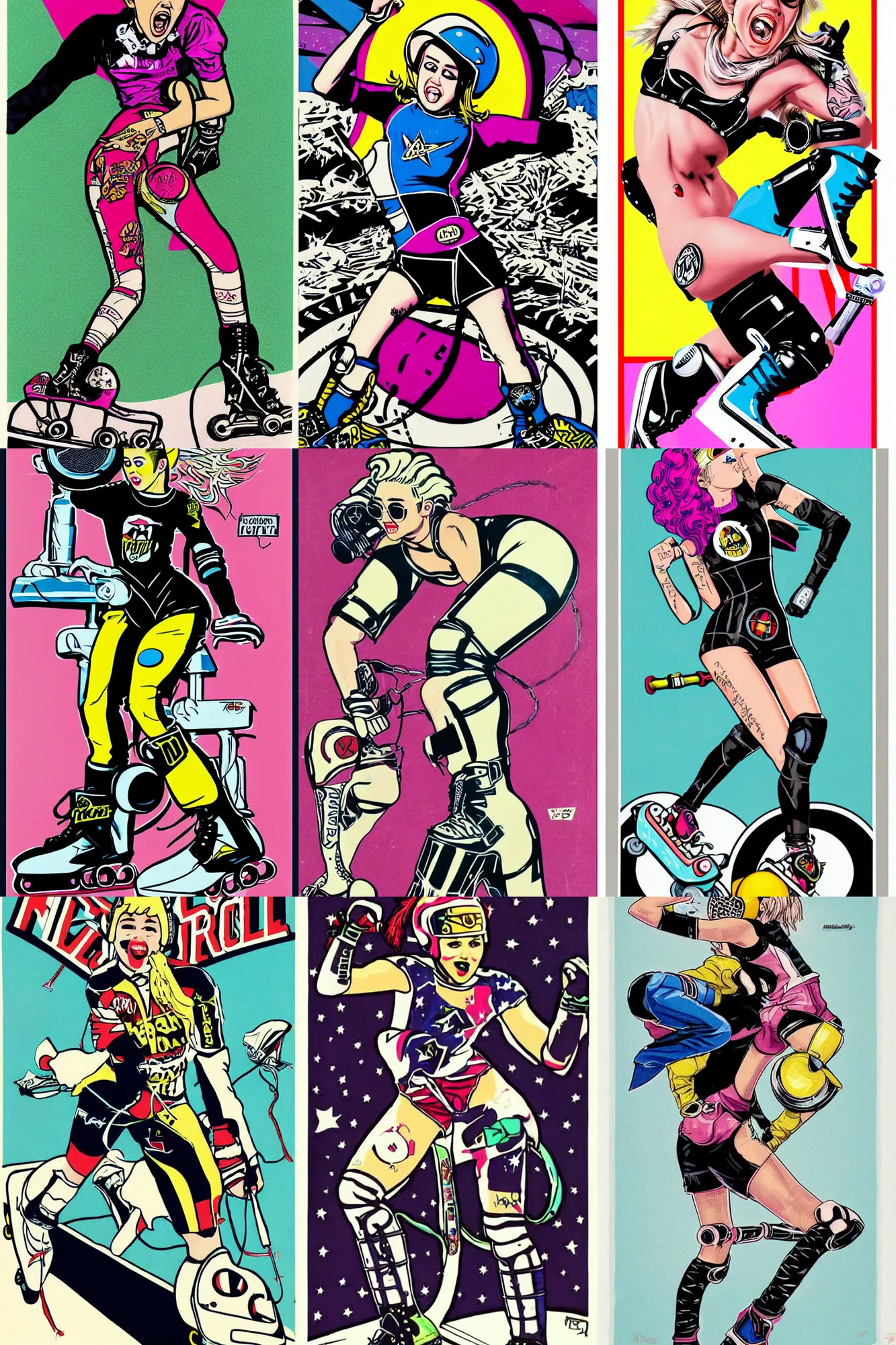 Prompt: Miley Cyrus as roller derby girl portrait, logo, wearing skating helmet, wearing knee and elbow pads, showing victory, Philippe Caza, 3 colour print