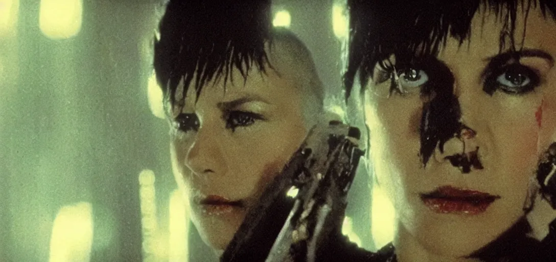 Prompt: a film portrait still of joan jett in blade runner, gritty cyberpunk atmosphere. realism, cinematic lighting, 4 k. 8 mm. grainy. panavision.