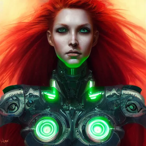 Image similar to a portrait of a beautiful cyborg girl, red hair, glowing green eyes, urban motifs, intricate, elegant, highly detailed, digital painting, trending on artstation, concept art, smooth sharp focus, illustration, art by artgerm and greg rutkowski