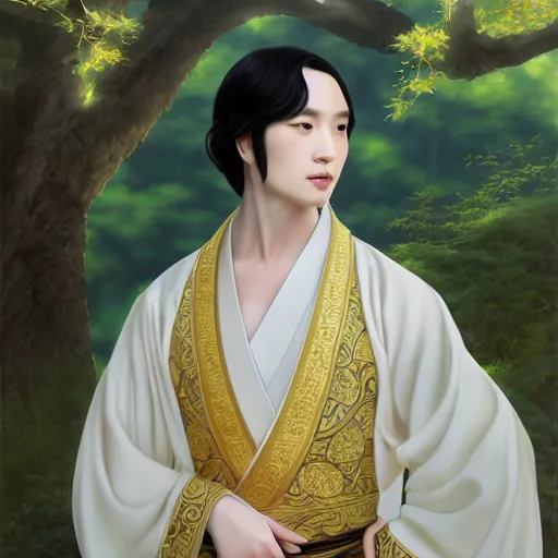 Image similar to a portrait of a young beautiful prince, golden eyes, long black hair, white hanfu, elegant, intricate, backlit, incredible lighting, strong rim light, subsurface scattering, photorealistic, epic beautiful landscape, cherry trees, highly detailed, digital painting, by Heise Jinyao, Heise-Lian Yan Fang, Feimo, Rossdraws, HDRI, vivid colors, high contrast, 8k