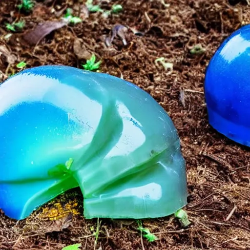 Image similar to a gelatinous blue jello mushroom growing out of the ground