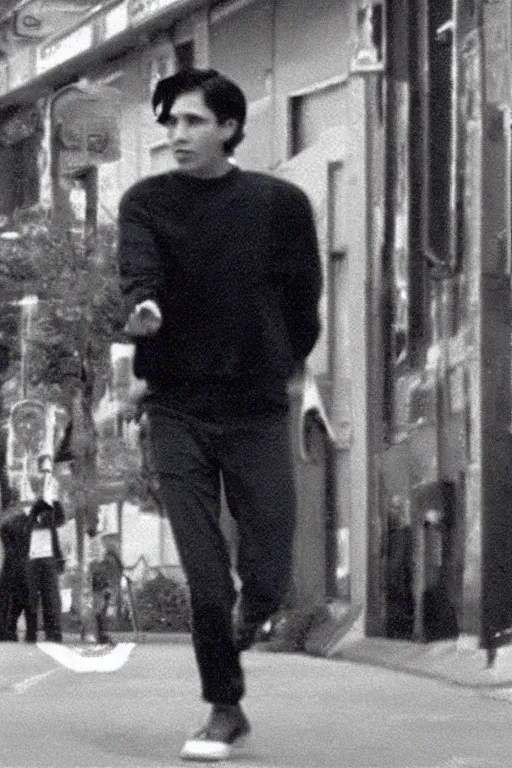 Image similar to still from vhs footage of jughead walking down street