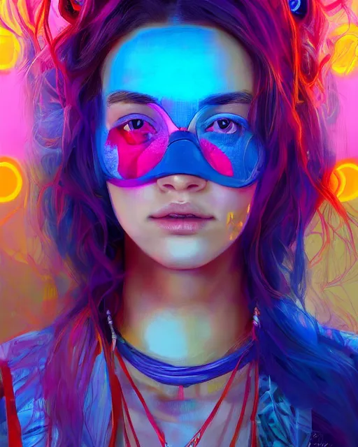 Prompt: colorful portrait of a brunette hippie, but set in the future 2 1 5 0 | highly detailed | very intricate | symmetrical | professional model | cinematic lighting | award - winning | painted by mandy jurgens | pan futurism, dystopian, bold psychedelic colors, cyberpunk, anime aesthestic | featured on artstation