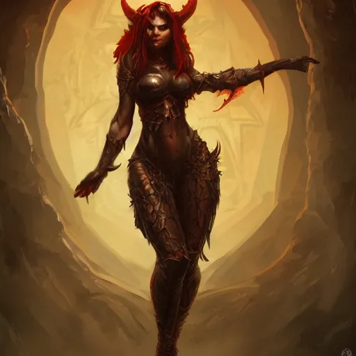 Prompt: hyper detailed concept art of the devil as a hot female, 4 k, hell, dark lighting, fire, blood, illustration, featured on art station, masterpiece, full body portrait by steve henderson