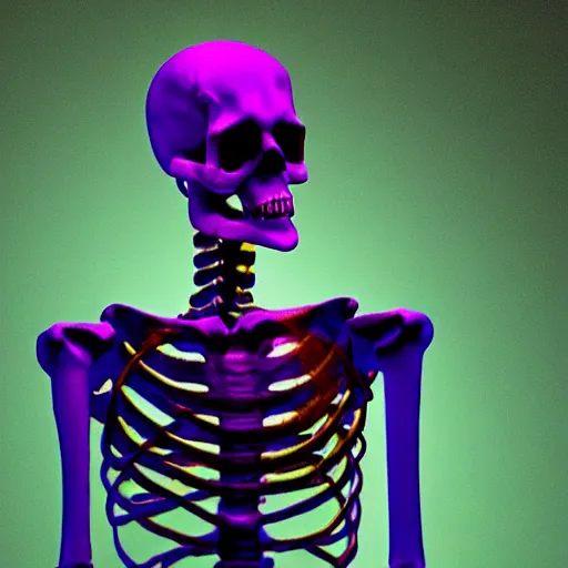 Prompt: a skeleton smoking a cigarette, soft purple glow, film still, 8k,