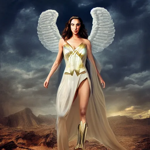 Prompt: Portrait of the beautiful woman Gal Gadot as an angel, she is coming down from the clouds, she has a crown, there is a glow coming from her, she is getting ulluminated from the sky, the photo was taking by Annie Leibovitz, matte painting, oil painting, naturalism, 4k, 8k