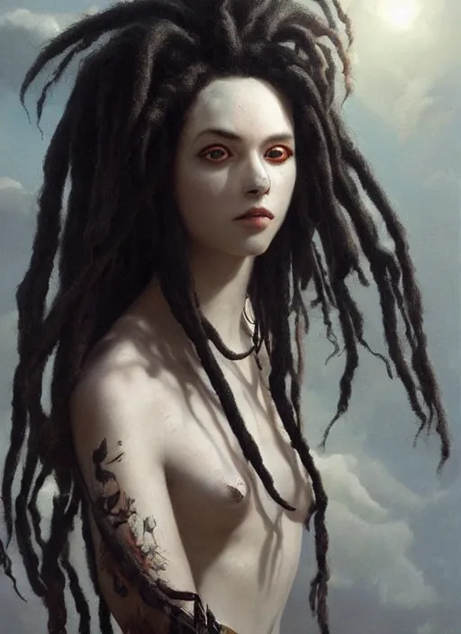 Image similar to girl with pale white skin and black dreadlocks, beautiful highly detailed face, complementary lighting, backlit, black eyeshadow, dark eyes, adventure, dramatic lighting, landscape background, beautiful painting by artgerm and greg rutkowski and raymond swanland