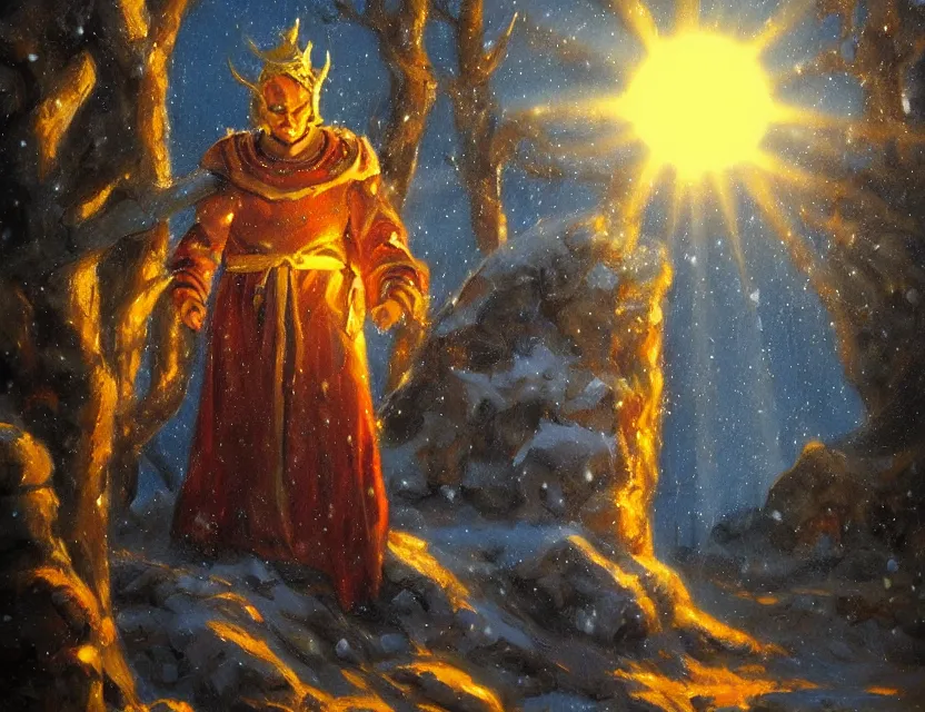 Prompt: sun priest of the snowy mountains. oil painting by underground comic book artist, chiaroscuro, bokeh, backlighting, field of depth, safe for work