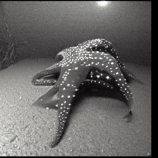 Image similar to a weird land octopus caught on trailcam nightvision footage camera, grainy low quality
