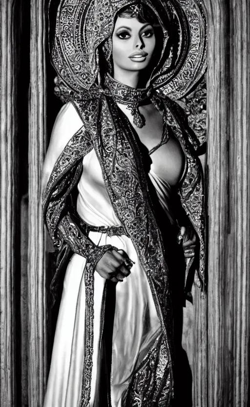 Image similar to a picture of sofia loren standing up in hagha santa sofia in the style of ( ( ( a byzantine icon ) ) ). black and white, award winning photography, 5 0 mm, studio lighting, highly intricate