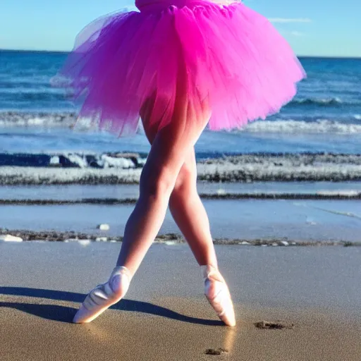 Prompt: Photo of a Sasquatch ballerina at the beach wearing a pink tutu