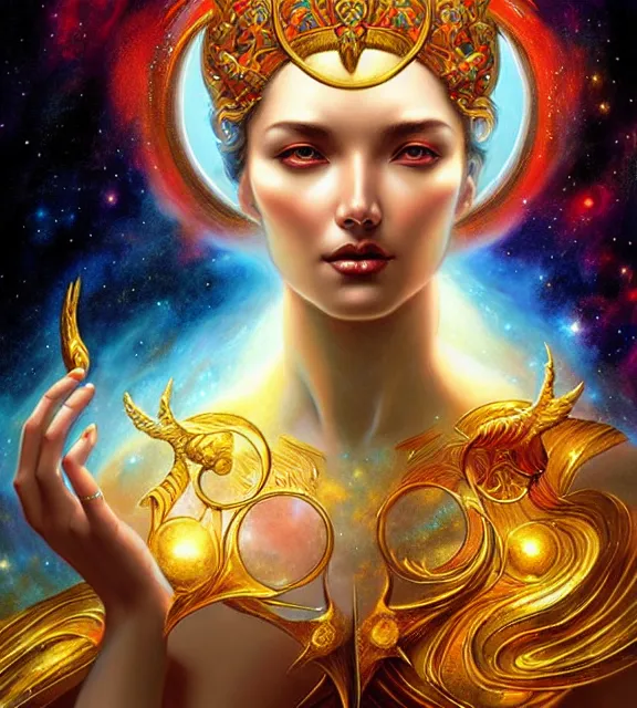 Prompt: god of the cosmos, astral background, tarot card, ornate, digital art by artgerm and karol bak