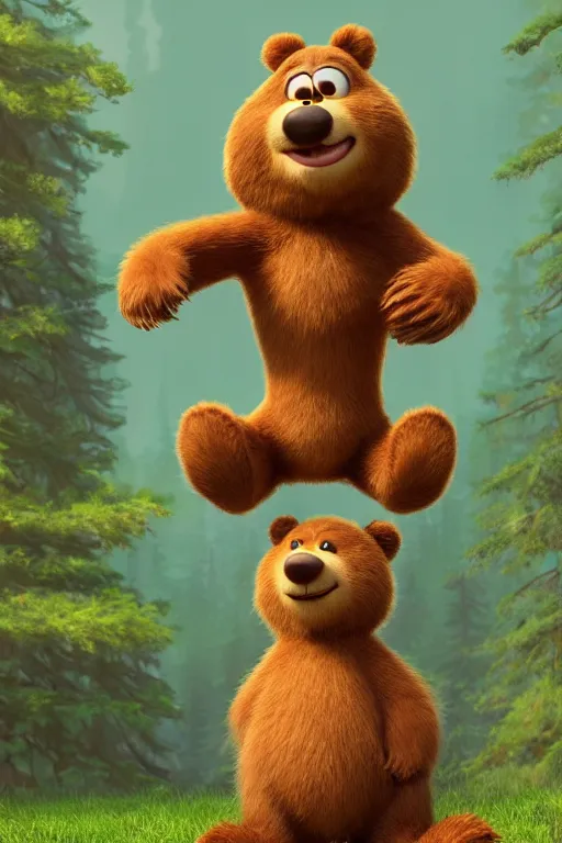 Prompt: cinematic shot of a cute anthropomorphic bear standing in the forest with his hands on his waist by greg rutowski and his face by pixar with a warm smile and big green eyes, full view of bear, anatomically correct body, disney, yogi bear, studio ghibli, 8 k, masterpiece