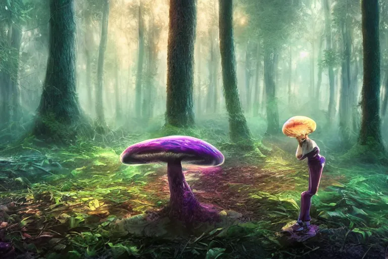 Prompt: mushroom in the forest, cyberpunk vapor wave glitch wave art, 4 k digital illustration by artgerm, wlop, andrei riabovitchev, marc simonetti, yoshitaka amano, artstation, 8 k resolution, soft focus
