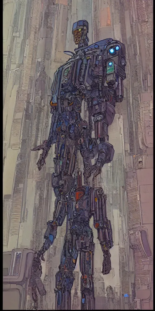 Prompt: mech suit. portrait by jean giraud and will eisner. realistic proportions. dystopian. cyberpunk, blade runner, concept art, cel shading